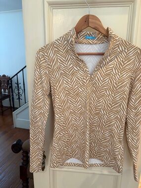 J. McLaughlin Tan and White Leaf-Print Jacket